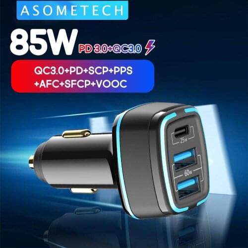 85W LED Car Charger USB Type C 3Port PPS SCP AFC PD QC3.0 Quick Charger For Laptop Car Phone Charger For iPhone Huawei Samsung