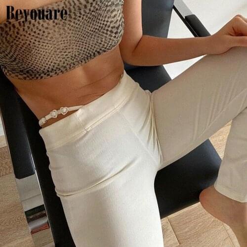 Beyouare Elegant Womens Hollow Out Waist Slim Flare Pant Autumn Solid Color Trousers Legging 2020 Fashion Casual Women Clothing