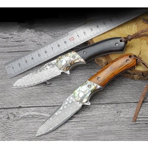 Damascus Pocket Folding blade Knife Wood Handle Tactical Self-defense Knife Hunting Camping Survival EDC Rescue Tools