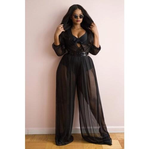 ChocoMisty-LadyPlus Plus-size Jumpsuits & Rompers Mesh Perspective Lace-up Jumpsuit Q7198
