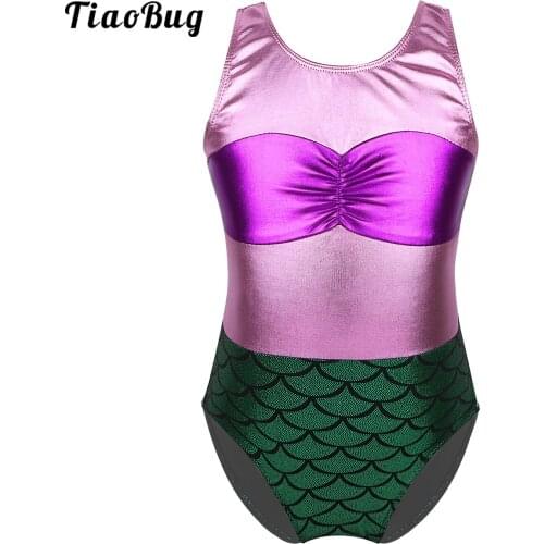 Kids Girls Metallic Mermaid Scales Printed Sleeveless Ballet Gymnastics Leotard Swimsuit Child Stage Performance Dance Costume