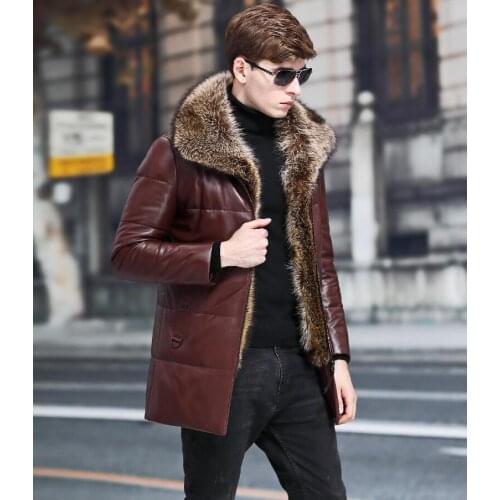 New arrival Men Winter 90% White duck down Jacket Genuine Leather Mens down Coat Real raccoon fur collar mens long winter coat