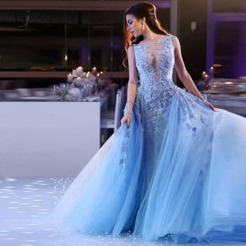 Princess Sky Blue 3D Flower Long Evening Dresses With Detachable Train Lace Beaded Mermaid Prom Gowns Tutu Formal Dresses 2019