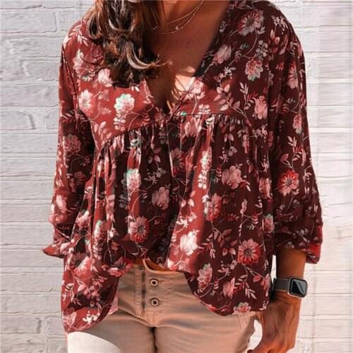 New 2020 Women Vintage V-neckr Floral Print Casual Tops Blouse Women Pleats Shirt Fashion Casual Shirt