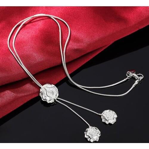 High quality silver color necklace fashion beautiful women Lady rose flower pendant chain jewelry wedding cute gift JSHN036