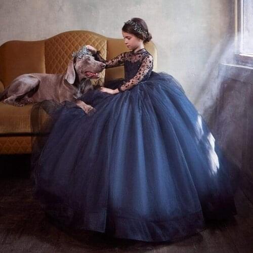 Navy Flower Girl Dresses Ball Long Sleeves Princess Birthday Party Gowns High Collar Beaded First Communion Dress