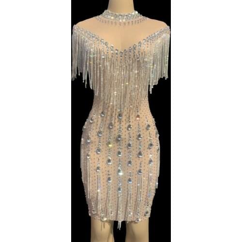 Crystals Fringes Mesh See Through Dress Women Birthday Party Prom Event Rhinestones Dress Bar Nightclub Outfit Stage Costume