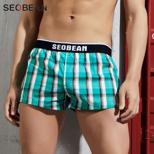 SEOBEAN Mens Underwear Boxers Classic Plaid 100% Cotton Boxer Shorts Men Home Sleep Wear U convex Penis Pouch Man Underpants