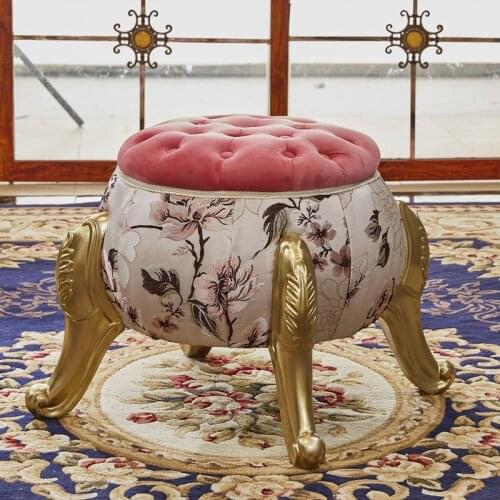 European Style Shoe Changing Stool Solid Wood Fabric Dressing Round Makeup Stool European Living Room Shoe Pumpkin Stool