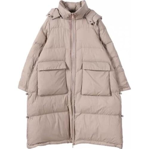 2021 Ladies Pocket Stand Collar Duck Down Jacket With Detachable Hat Womens Casual Large Hem Solid Color Oversized Jacket