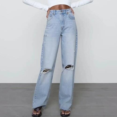 ZA 2021 women Light Blue straight Ripped Jeans Washed full length High waist Wide-legged Mom denim pants pocket Hole Trousers