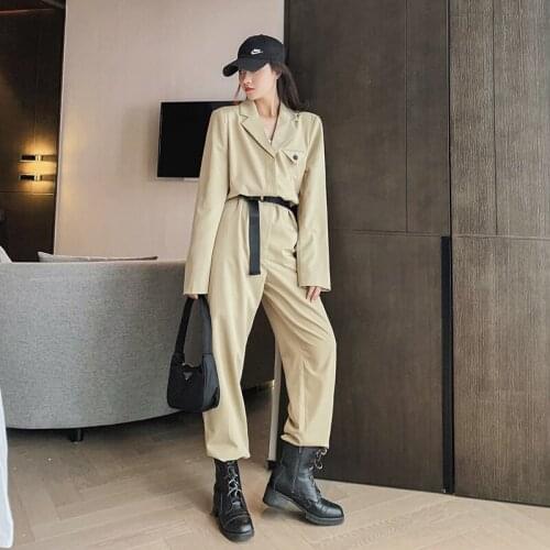 Women Long Sleeve Belt Khaki Wide Leg Jumpsuit Spring Autumn Female Streetwear Hop Hop Harem Overalls Loose One Piece Pants Sets