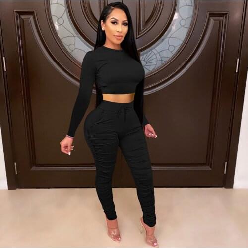 Casualwear Sporty Two Piece Jogging Suit for Women Long Sleeve O-neck Slim Crop Top+stretch Stacked Trouser Autumn 2 Piece Set