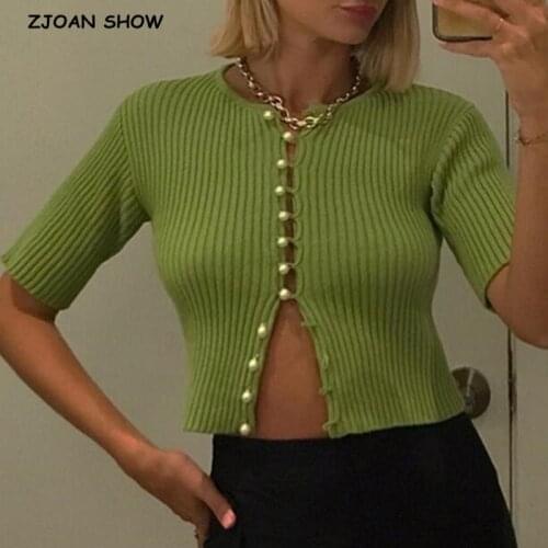 2020 Summer Retro Knitting Single Breasted Pearl Cardigan Sweater Woman Stripe line O neck Short Sleeve Jumper Knitted Knitwear