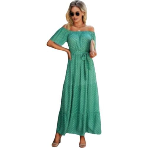 2021 New Womens Maxi Dress sexy one-line collar polka dot printed rayon bohemian lace up long skirt short sleeve big pendulum