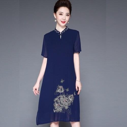 Ladies Dresses Summer 2019 Retro Dress Midi Elegant Chinese Dresses Mandarin Collar Floral Vestido Robe Vintage Femme AA4812