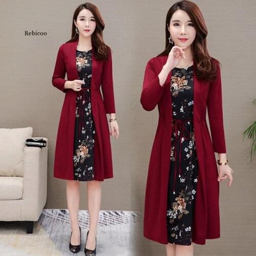 Women Casual Knee-Length Dress Plus Size Long Sleeve Flower Print Spring Autumn Dress Office Lady Women Loose Elegant Dress