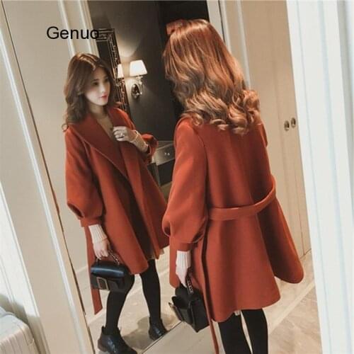 Winter Autumn Wool Coat Women Casual Belt Woolen Jackets Elegant Office Lady Long Sleeve Outerwear Abrigos Mujer Invierno