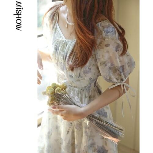 MISHOW 2021 Summer New Chiffon Floral Midi Calf Dress For Women Puff Sleeves High Waist Elegant Sweet Beach Dresses MXA23L0133