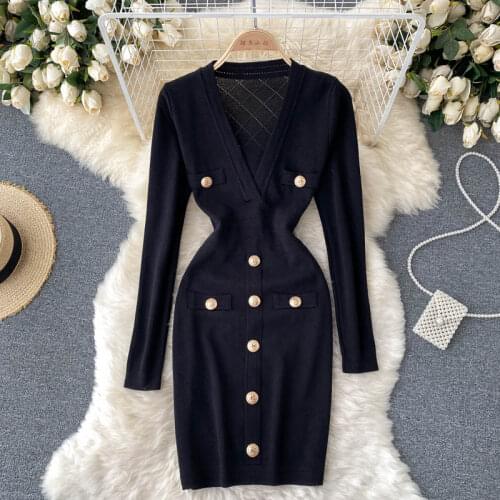 YIZZHOY 2021 Autumn Knitting Mini Dress Women Sexy Black Hight Street Deep V-Neck Dress Gold Button Retro Adjustable Clothes