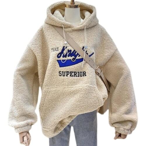 Winter Woman Clothes Hoodie Lamb Wool Long-sleeved Casual Female Sweatshirt Embroidery Letter Superior Harajuku Hoodies Lady