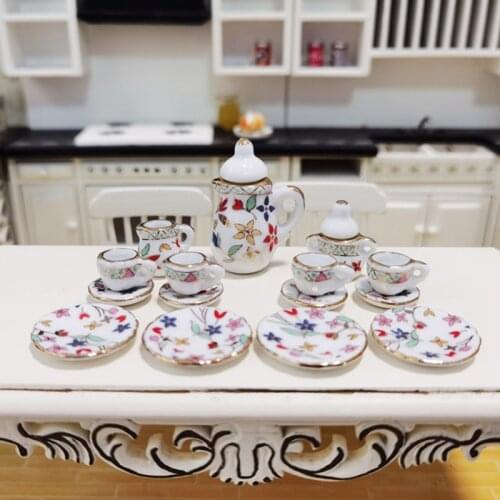 15Pcs/Set 1:12 Miniature Porcelain Tea Cup Set Printing Flower Tableware Kitchen Toys