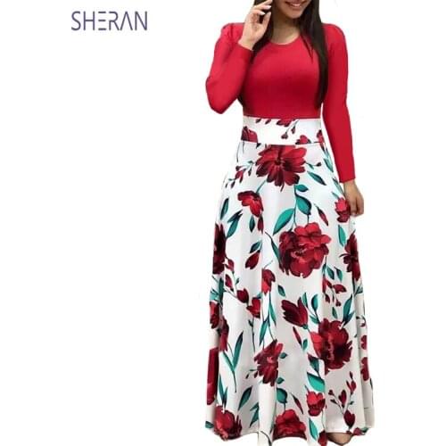 2020 New Spring Autumn Women Dress Long Sleeve Flower Print Elegant Swing Maxi Dresses Plus Size High Waist Party Boho Dress