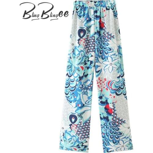 BlingBlingee Za 2021 Summer Woman Casual Trousers Traf Thin Style Printed Elastic High Waist Ankle Length Loose Straight Pants