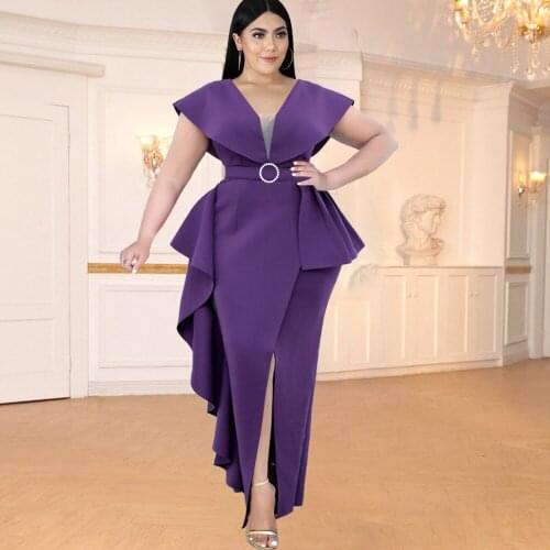 Plus Size Elegant Dress Sexy V Neck Irregular Purple Ruffle Tunics Slit Ankle Length Sleeveless Party Evening Club Women Dresses