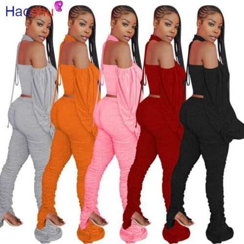 HAOOHU Streetwear Womens Suit Two Piece crop Lantern Sleeve Tops Ruched Stacked Pants Set Fitness sexy Matching Set