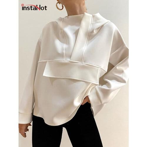 InstaHot Fashion Women Hoodies Oversize Asymmetric Hem Solid Black White Autumn Sweatshirt Loose Streetwear Hooded Pullover Tops