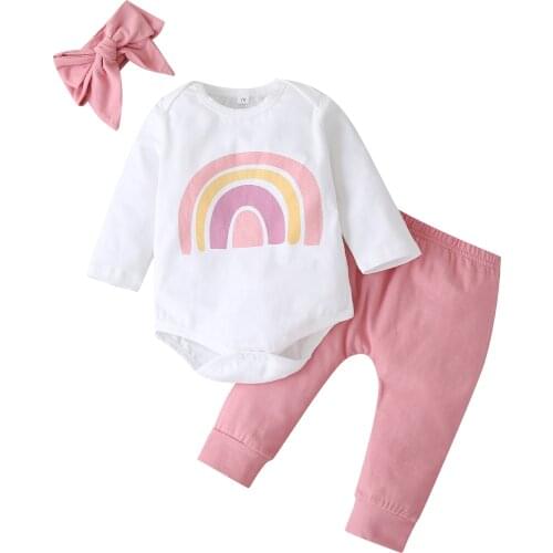 Pudcoco Newborn Baby Girl Clothes Autumn Fresh Rainbow Print Long Sleeve Romper Tops Solid Color Long Pants Headband 3Pcs Set