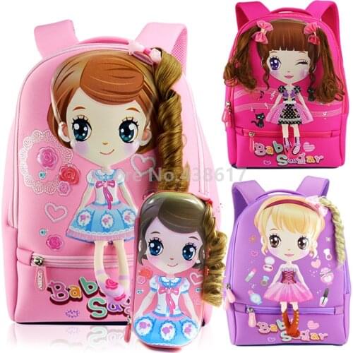 New 3D Pink Purple Sweet Girl Princess School Bag With Pencil Case Set For Girls Kids Children Primary School Book Backpack Bag