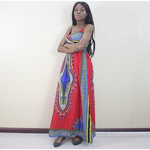 Spaghetti Strap Sexy Long Dress Cotton Print Backless A-Line African Women Dress