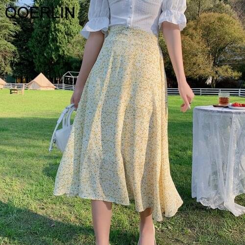QOERLIN Women Elastic Waist Printed Floral Chiffon Skirts Plus Size Summer Beach Knee Length A-Line High Waist Blue Saia Mujer