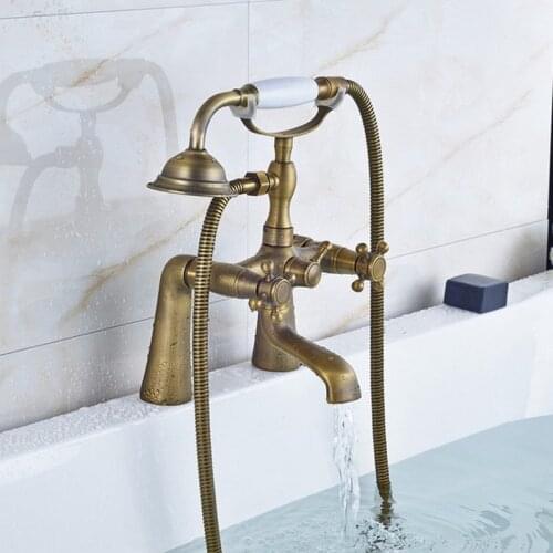 Retro Antique Brass Double Cross Handles Deck Mounted Bathroom Clawfoot Bathtub Tub Faucet Mixer Tap w/Hand Shower aan023