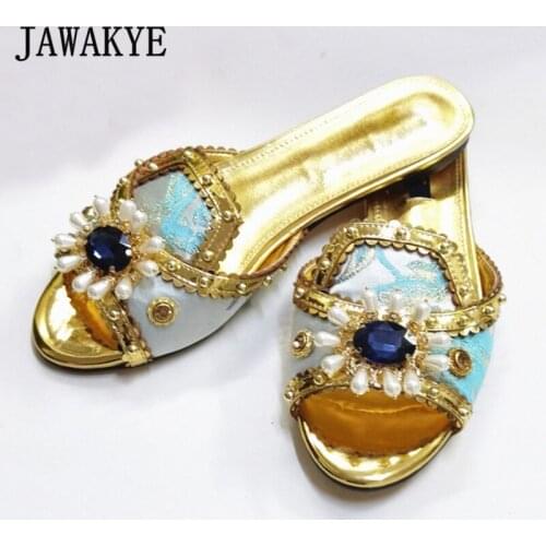 Rhinestone Flower Women Gold Flat Slippers Aqua Blue Embroidery Open Round Toe Party Beach Shoes Retro Luxurious Summer Slides