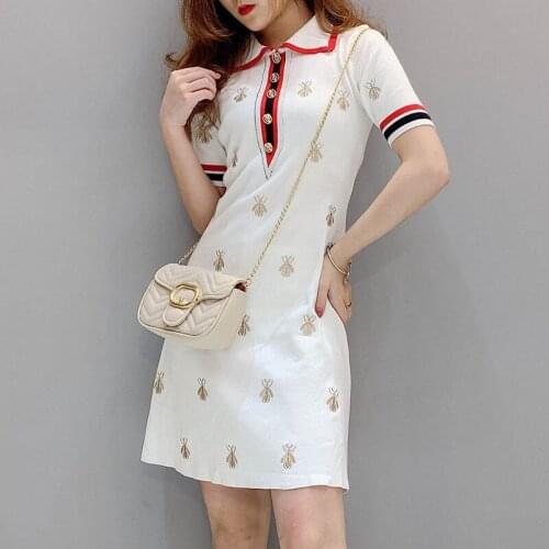 Knitted Dress With Embroidered Lapel And Waist Closed To Show Thin Temperament Short Sleeve Skirt For Women In Spring And Summer