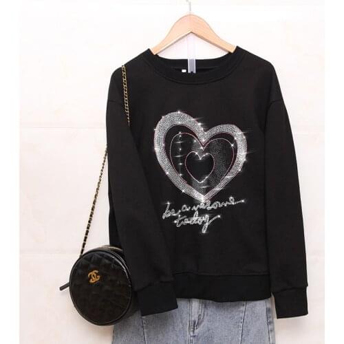 Spring Autumn New Fashion Loose Sweatshirts female personality Heart Pattern Hot diamonds Casual Round neck women tops pullovers