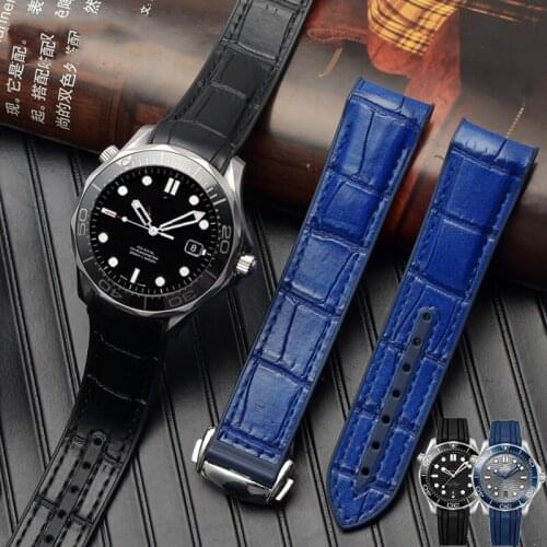 Waterproof Strap Curved End Genuine Leather Silicone Watch Strap For O-mega S-eamaster 007 Wrist Bracelet With Folding Buckle