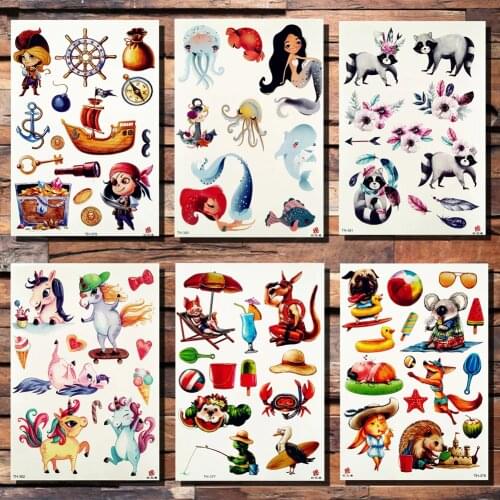FANRUI Cartoon Mermaid Pirate Raccoon Cat Unicorn Temporary Tattoo Sticker Kangaroo Koala Flash Tattoos Body Art Arm Fake Tatoo