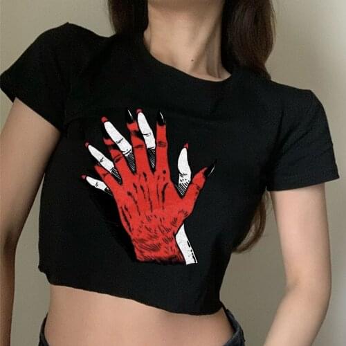 Футболка женская 2021 Gothic O-neck Demons Hand Print Short Sleeve 90s harajuku Summer Womens clothing Блузки mujer crop-top