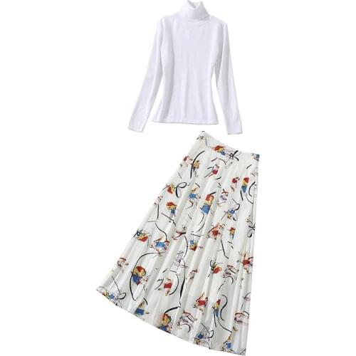 Womens clothes fall / winter fashion white knitted sweater turtleneck knitwear + print ankle length draped long maxi skirt