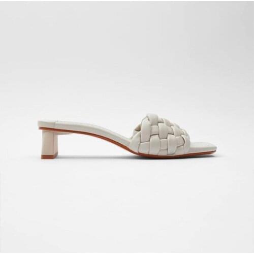 ZAR 2021 Summer New Green Fashion Weave Square Toe High Heels Sexy Outer Wear Stiletto Muller Sandals And Slippers Women Luxury