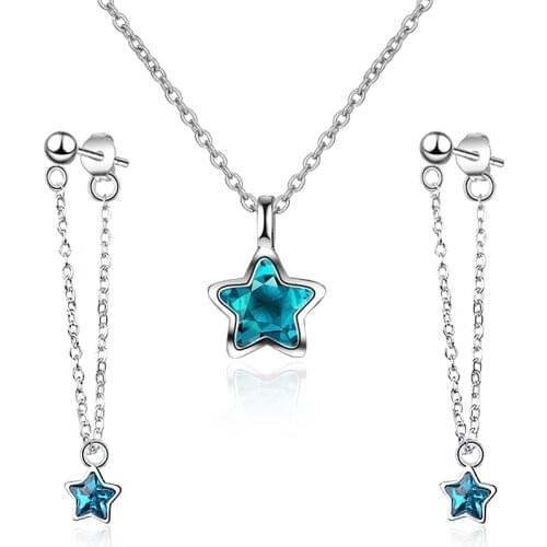 Blue Star Crystal Cz Stone Pendant Chain Necklaces & Long Chain Tassel Drop Earrings Female Jewelry Sets For Women Girls