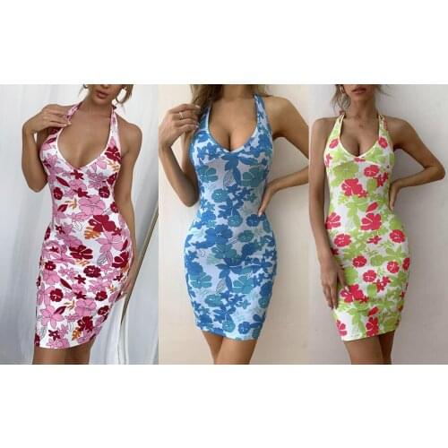2021 New Women Tie-up Halterneck Dress, Adults Slim Fit Sleeveless Flower Print V-neck