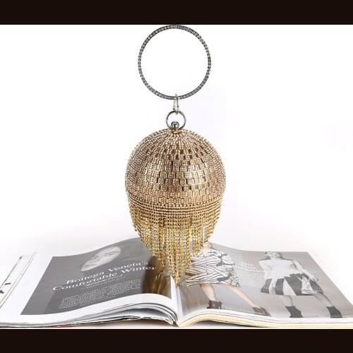 Gold Silver Rhinestone Tassel Round Ball Evening Bags For Women 2020 Fashion Dinner Party Clutch Bag Lady Handbag Clutches Purse