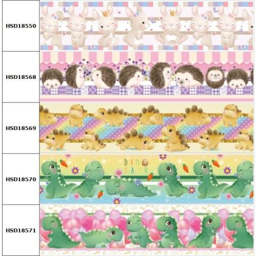 10yard Cartoon Hedgehog Dinosaur Rabbit Printed Grosgrain Ribbon Accessory Hairbow Headwear Decoration DIY Wholesale OEM 75MM