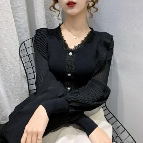 19822 (5 rooms 8 rows 7 middle) real shot V-neck splicing Chiffon sleeve fitting T-shirt 70