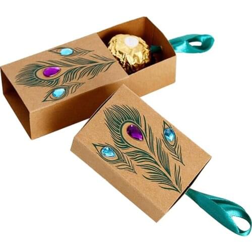 50pcs Peacock Feather Candy Boxes Drawer Design Wedding Kids Birthday Favors Faux Rhinestone Kraft Paper Gift Boxes